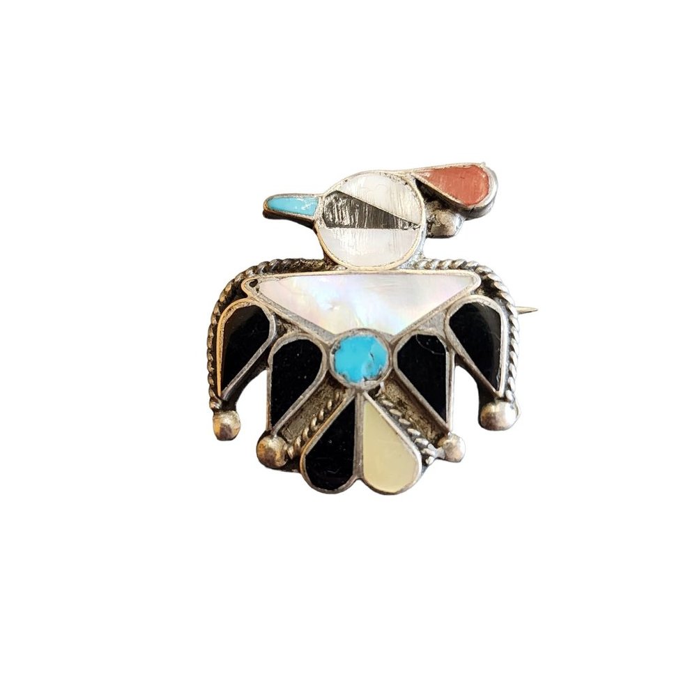 Vintage Sterling Zuni SW Inlaid MOP Turquoise Onxy Thunderbird Brooch (A2139)